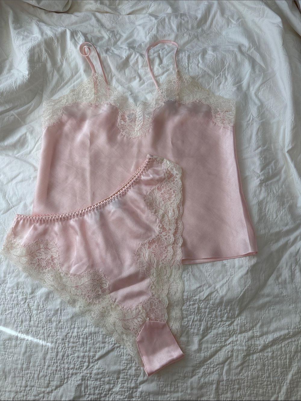 Vintage Soft Pink Lace-Trim Satin Camisole & Shorts Set